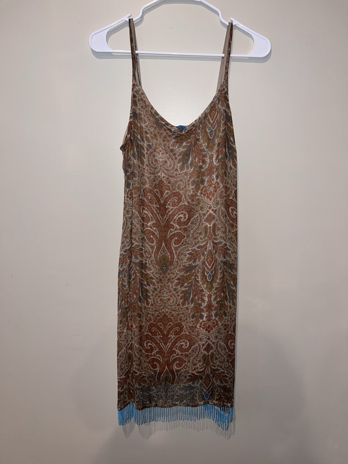 Johnny Was Vintage Brown Paisley Silk Slip Dress with Blue Fringe Womens size M