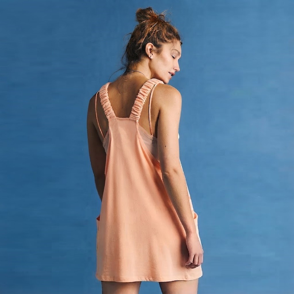 NWT Sundry Anthropologie Mini Dress Built-In-Shorts Scrunch Strap Peach Sz S
