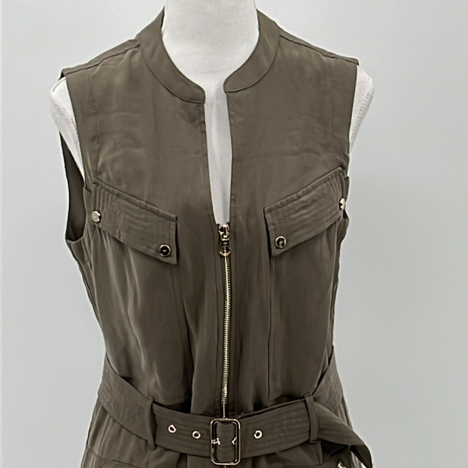 Karen Millen Belted Sleeveless Utility Dress in Khaki Green – Size 8