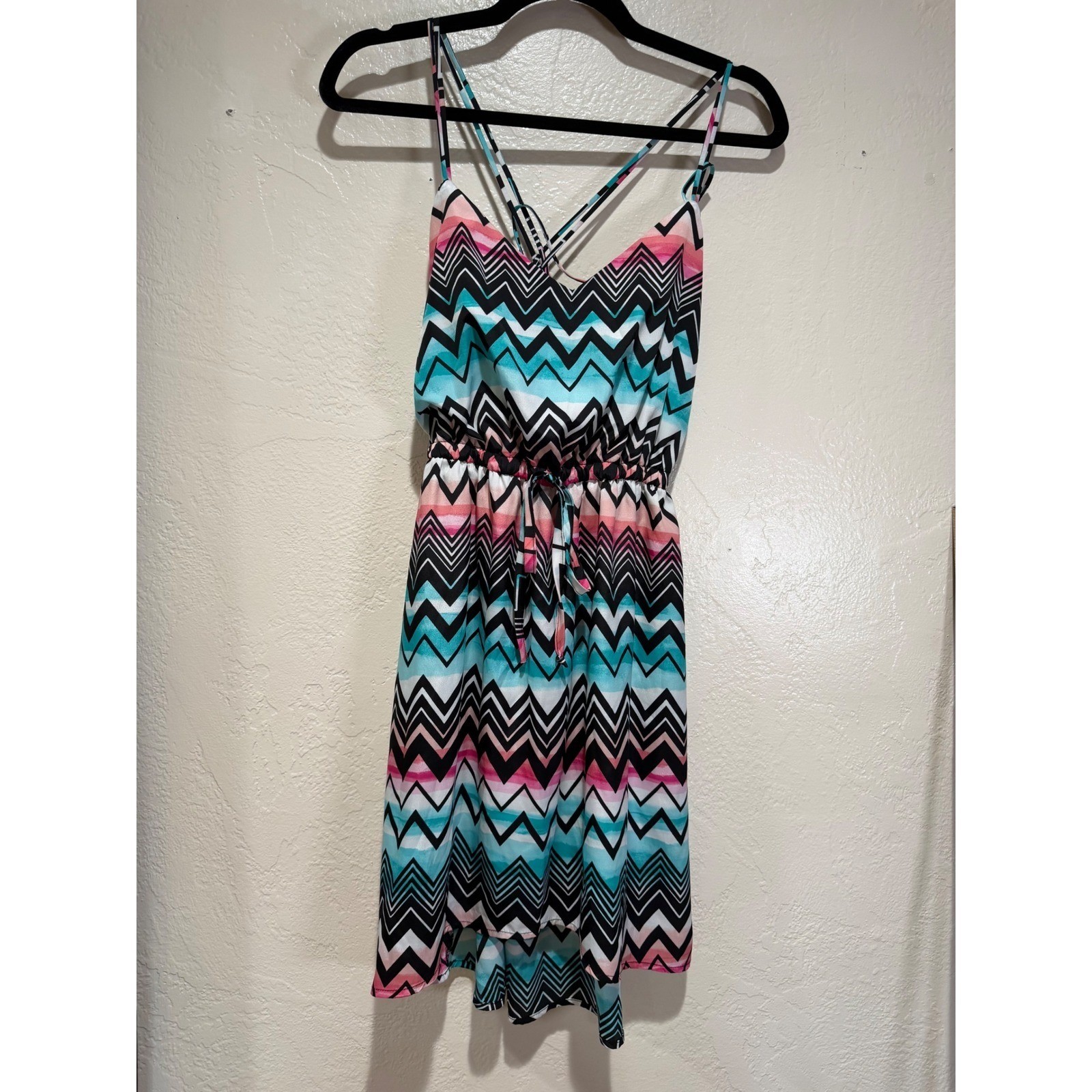 Bebeop Womens Chevron High Low Dress Multicolor Teal Pink Black White Size M