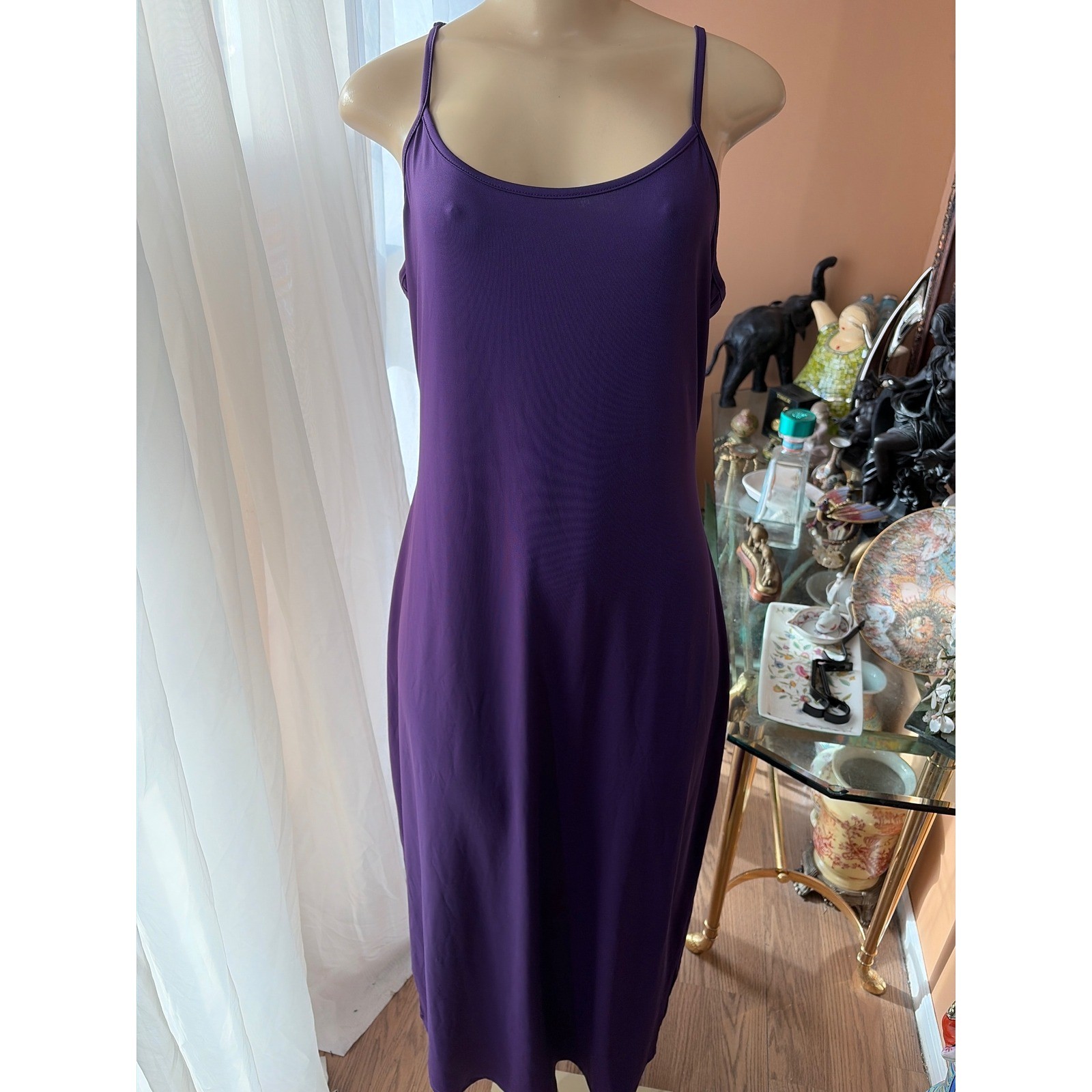 Purple Spaghetti Strap Midi Dress Scoop Neck Stretch Bodycon Sleeveless Purple