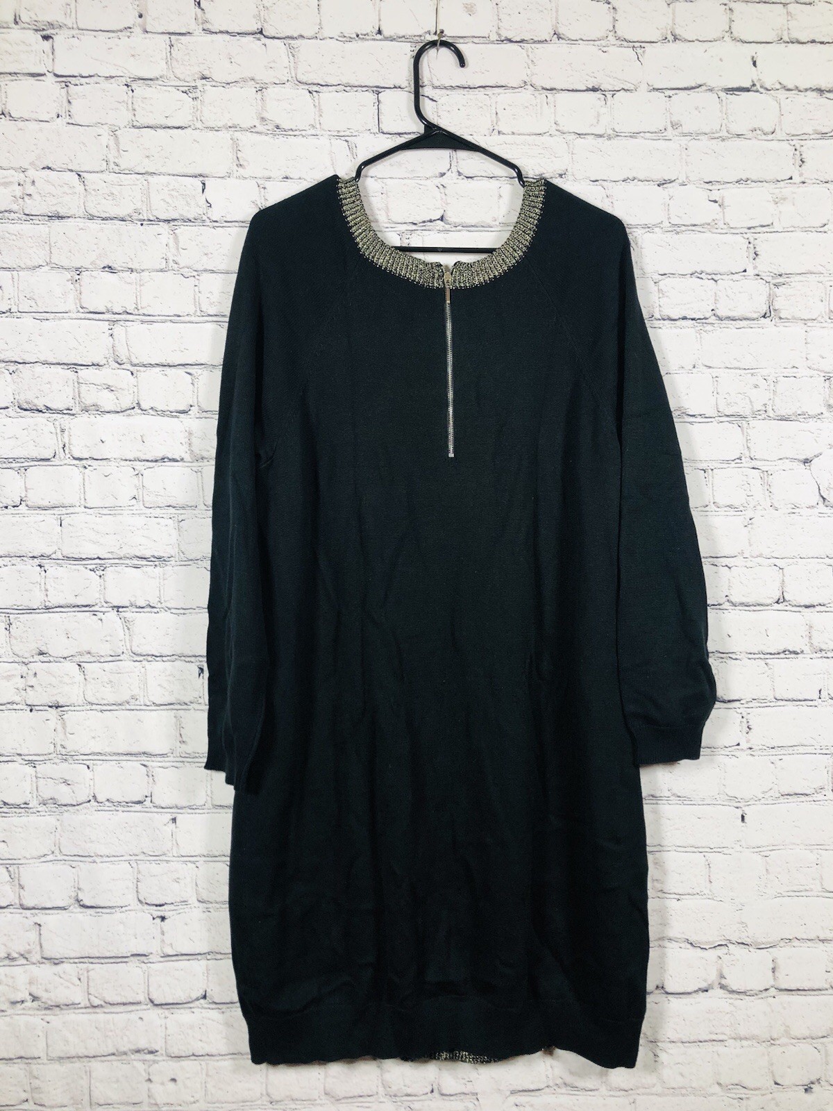 Lane Bryant Women Sweater Dress Metallic Shimmer Raglan Sleeve Black Gold 14/16