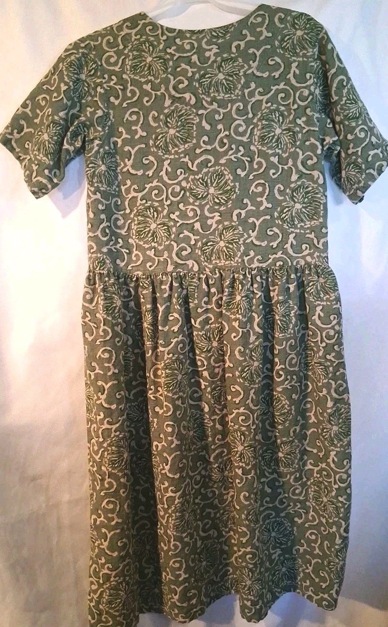Vintage Eddie Bauer Women’s Moss Green Floral Linen Ankle Length Dress Size M