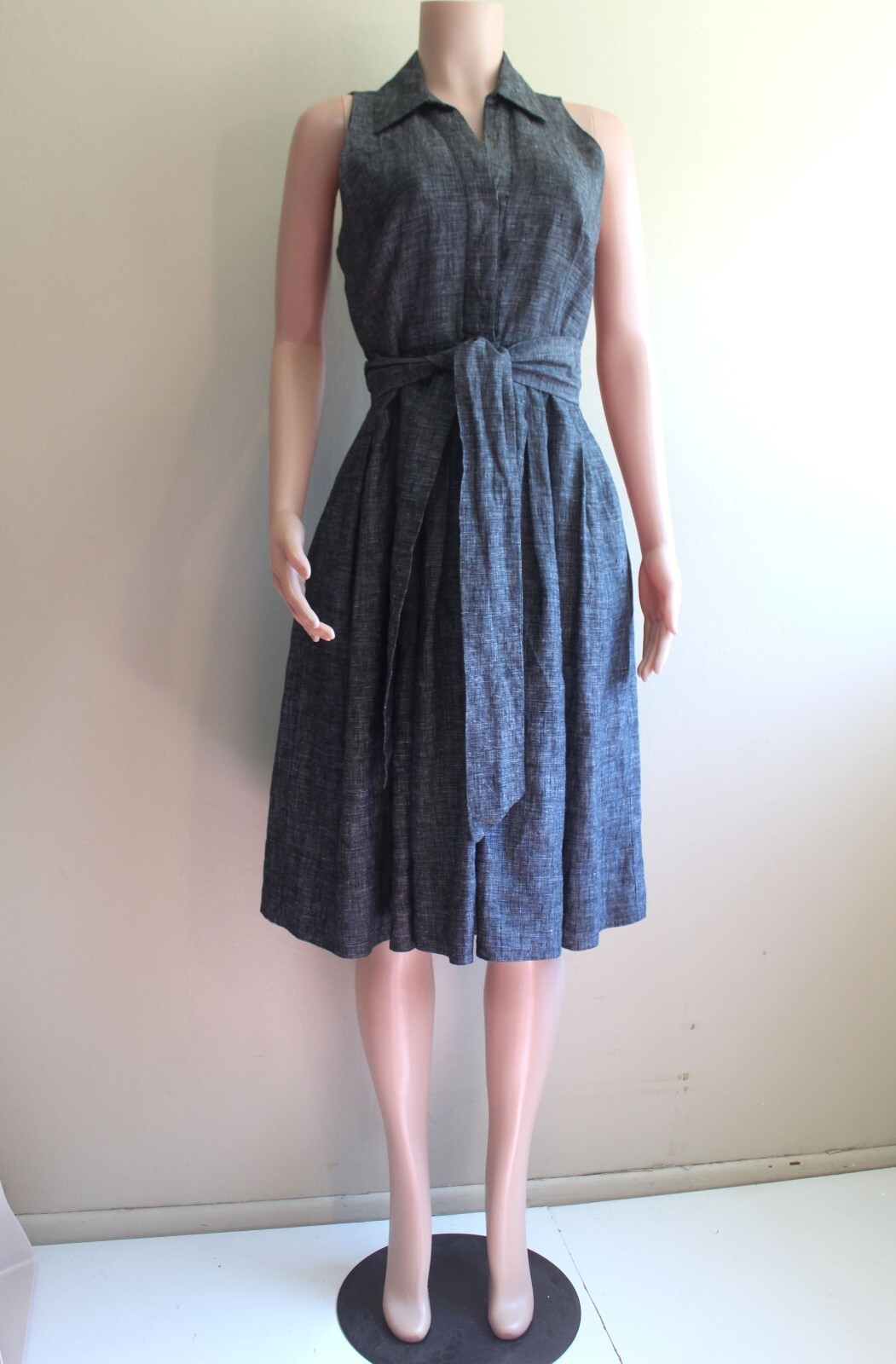 Carole Little 6 S Fit Flare Dress Gray Linen Retro 50s Sleeveless Tie Waist