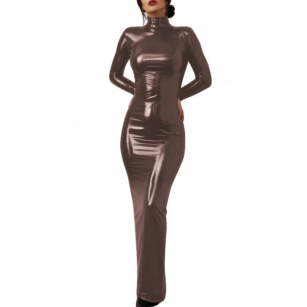 Glossy PVC Leather Lockable Dress Cosplay Maxi Dress Sexy Bodycon Party Gown