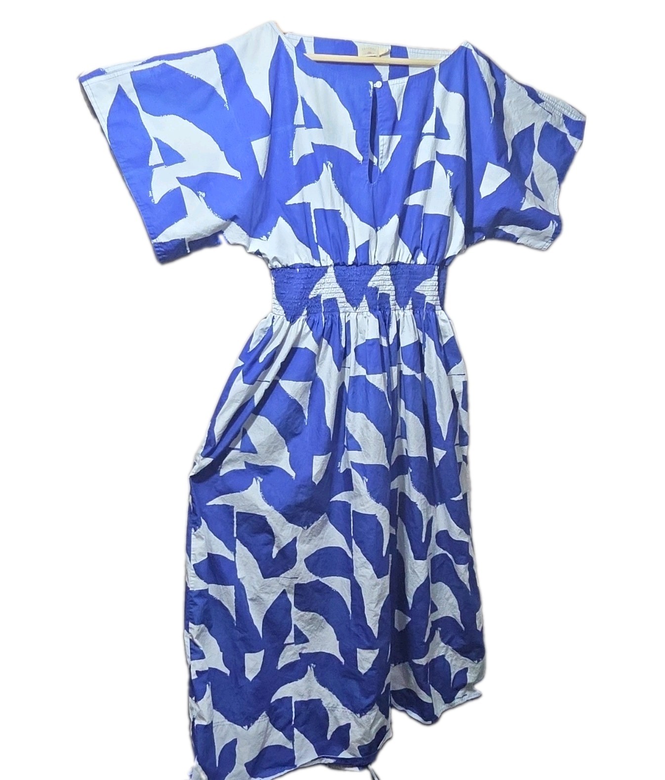 Faherty Blue White Abstract Shift Dress L V-Neck Short Sleeve Smocked Midi