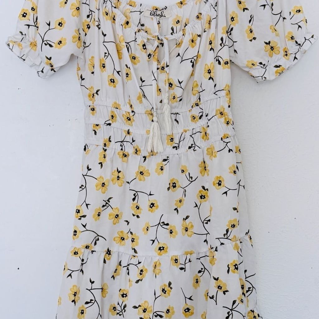 Hint of Blush White and Yellow Floral Print Puff Sleeve Tiered Mini Dress