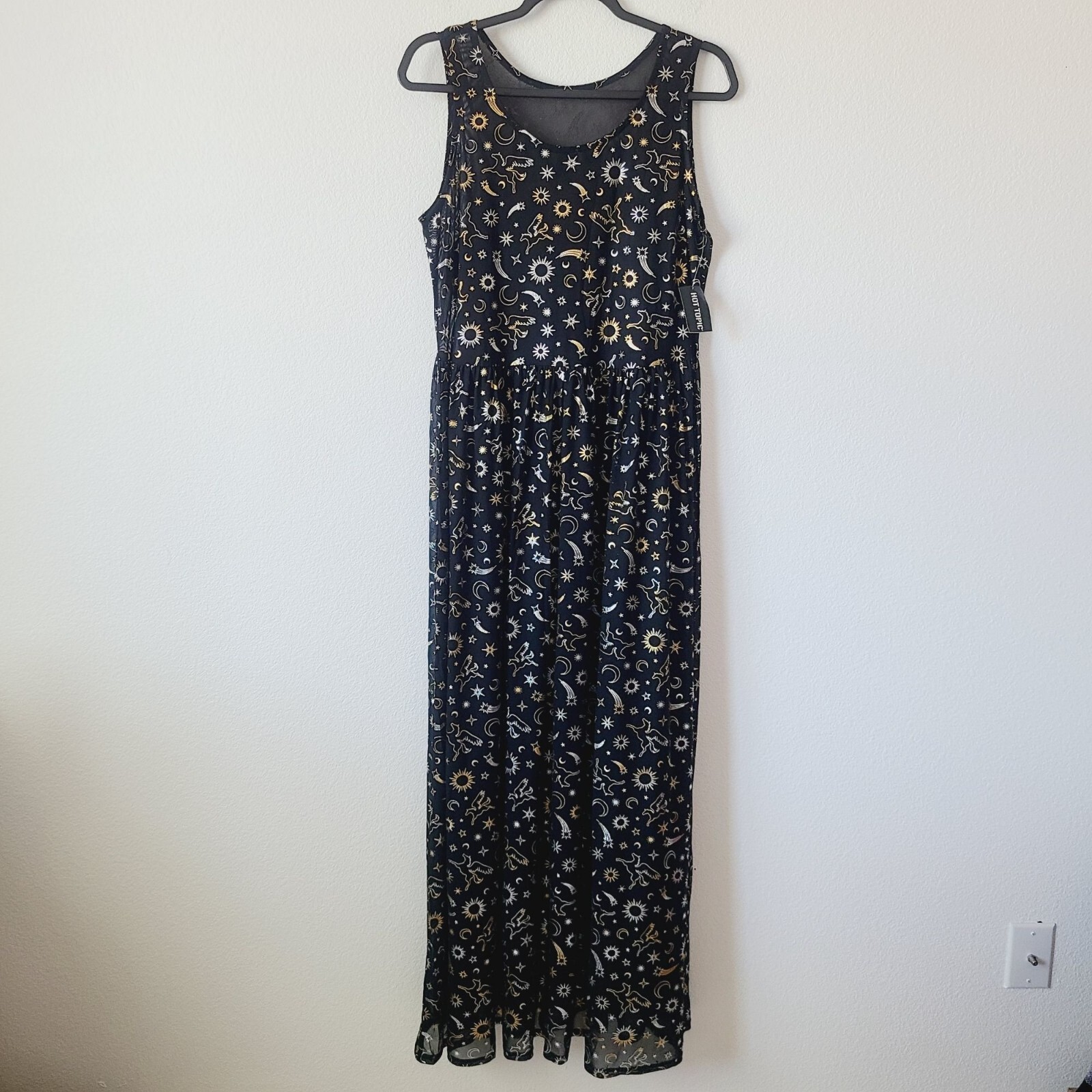 Cosmic Aura Astrology Celestial Stars Moon Foil Mesh Maxi Dress Plus Size 2X Bla