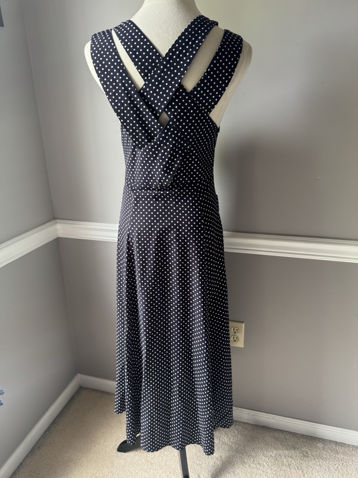 Women’s Navy White Polka Dot A-Line Midi Dress Sleeveless V-Neck Button 6