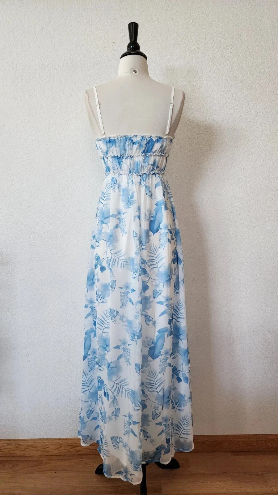 New Anthro Maxi Dress Size Small White Blue Floral Coquette Bow Europe Italy