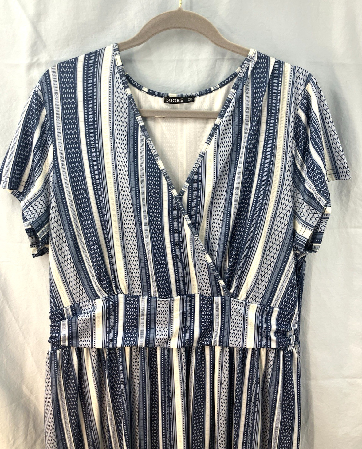 Ouges V-Neck Blue/White Striped Maxi Dress w/Pockets-Soft & Comfy-Festival Boho