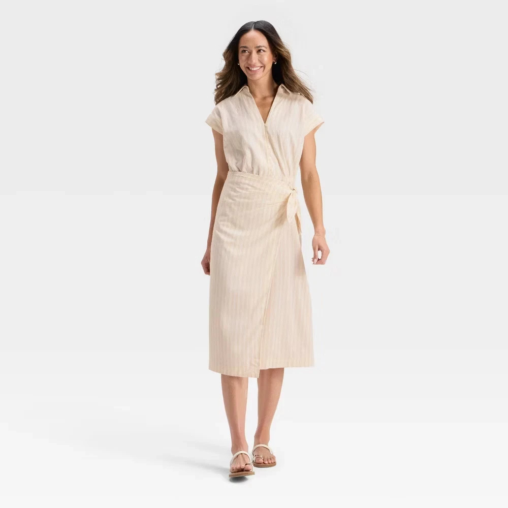 NEW W/TAG size LARGE Universal Thread midi shirt dress CREAM STRIPED WRAP