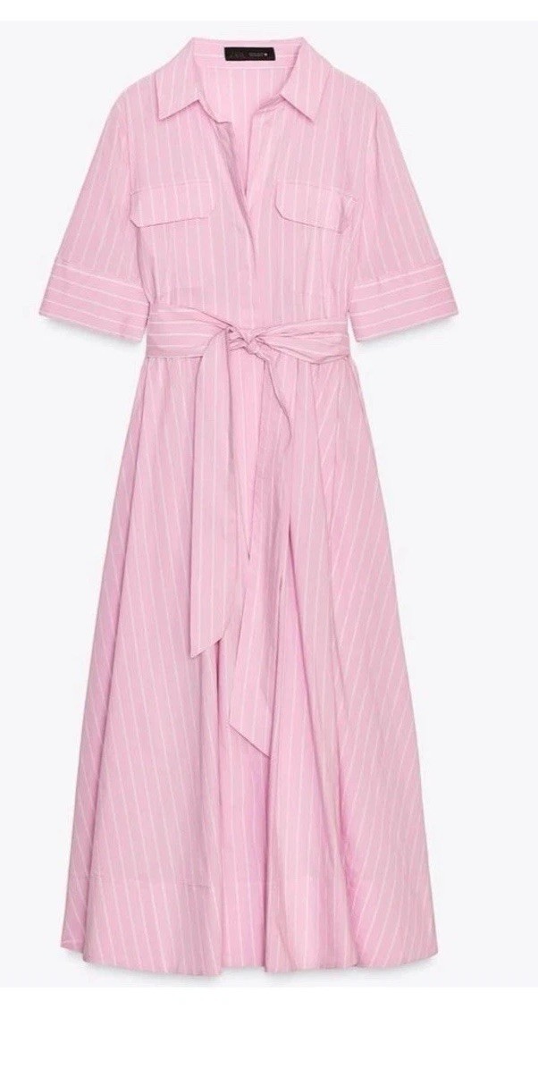 ZARA WOMAN FABRIC BELT ZW COLLECTION POPLIN SHIRT DRESS PINK Size M 2640/596