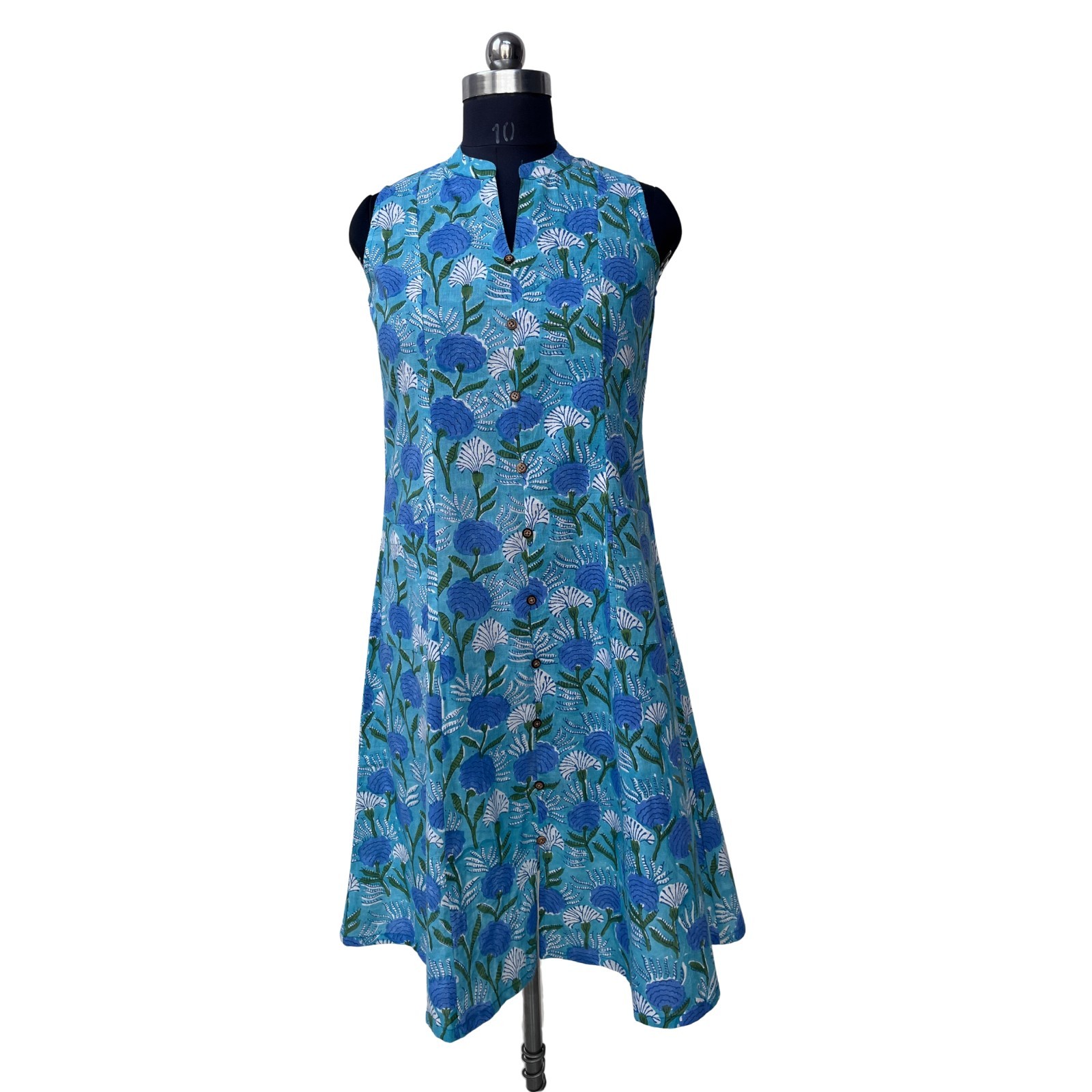 Women Block Print Sky Blue V-neck Sleeveless Cotton Button Dress with Pocket