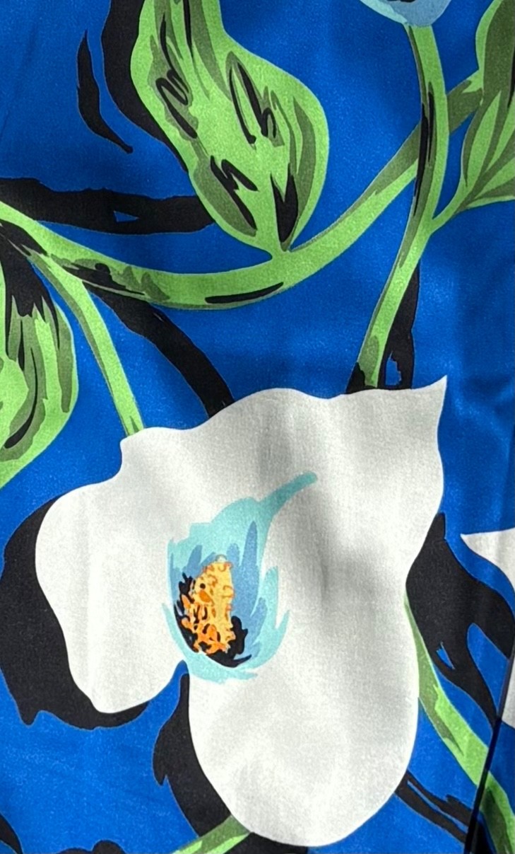 VTG 2002 Dolce & Gabbana Blue Floral Calla Lily Silk Blend Mock Neck Midi Dress