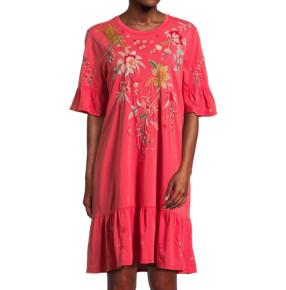 $160 JOHNNY WAS Size L ANDREAN DRESS RUFFLE Embroidered COTTON GUAVA B:44″L:37″