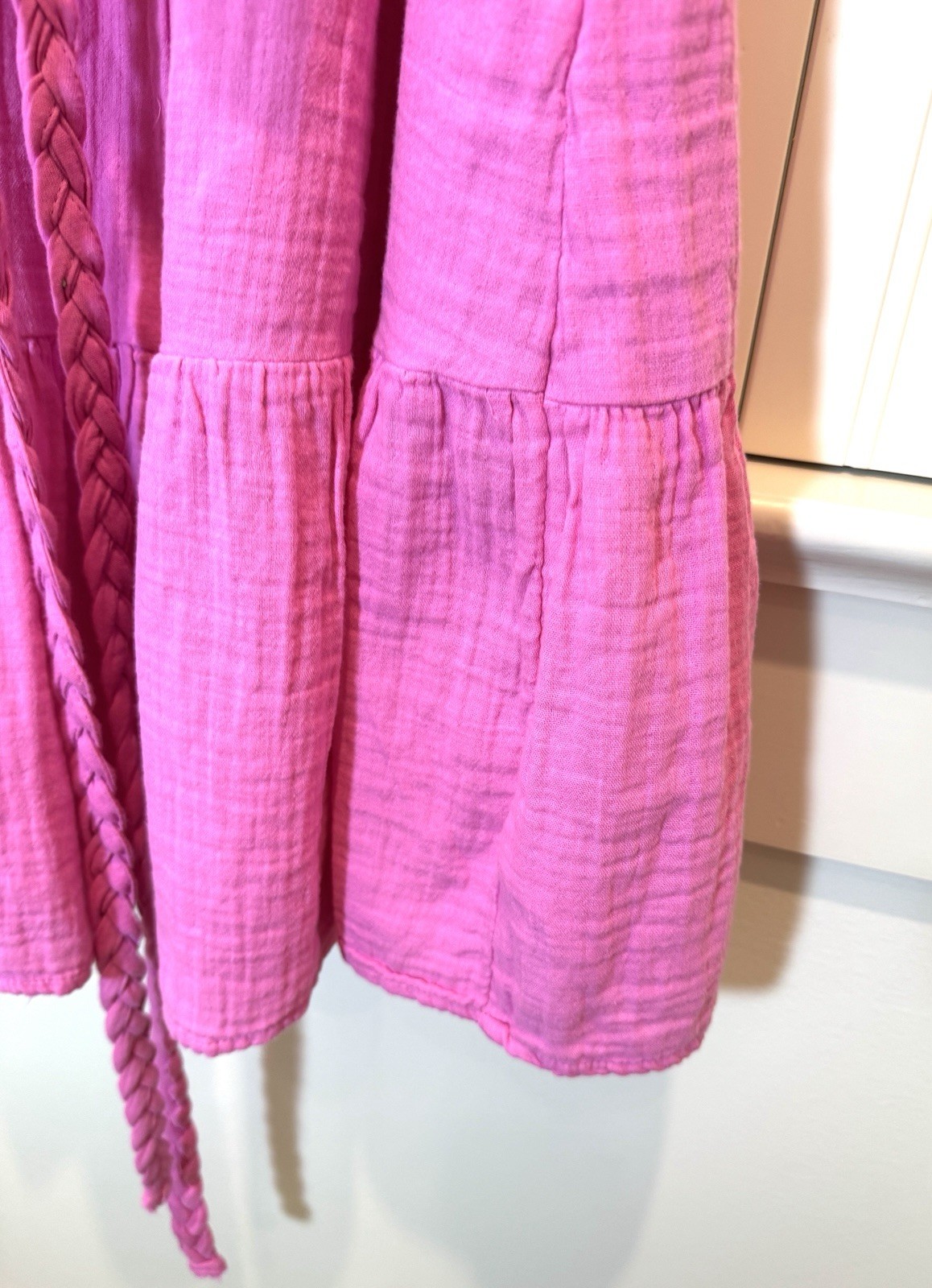 Gap Women Dress Size M Tall Pink Soft Cotton Gauze Tiered Dress Belt Pockets EUC