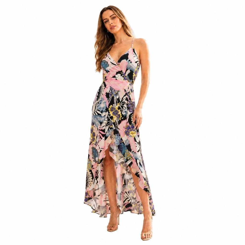 Maxi Asymmetric Dress Women Wrap V Neck Ruffles Sleeveless Floral