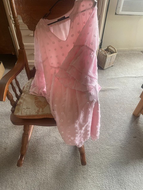 Women’s pink dress, sheer overlayer, lined, Kajooin, pink dots, XL, bell 3/4 sle
