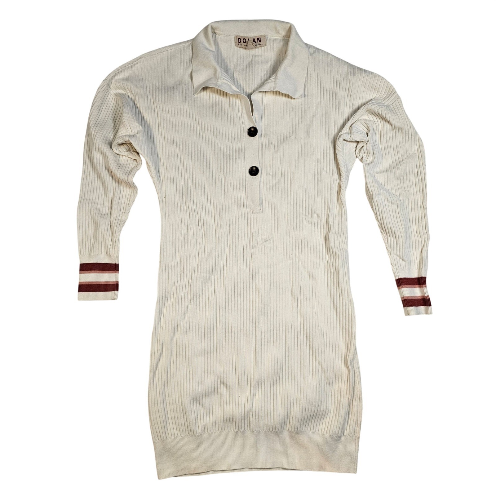 Dolan Left Coast Collection Ribbed Knit Polo Sweater Dress Cream Striped Cuff S