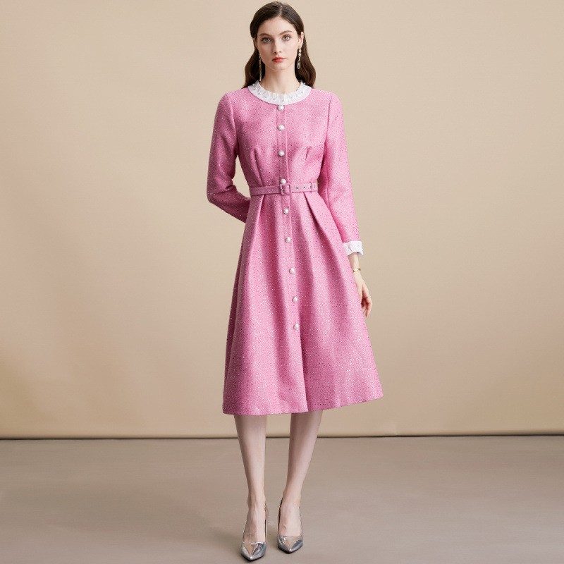 New Women’s Woolen Sequins Single-breasted Celebrity A-Line Long Party Dresses