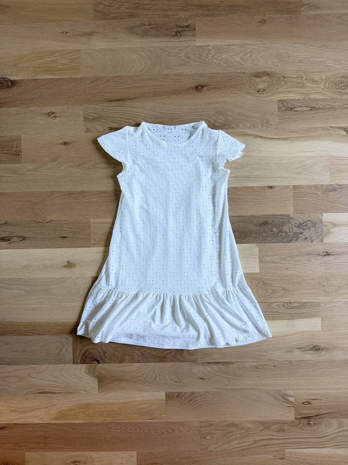 Mady & Nell White Eyelet Dress Small Ruffle Sleeve Ruffle Hem Casual Mini Dress