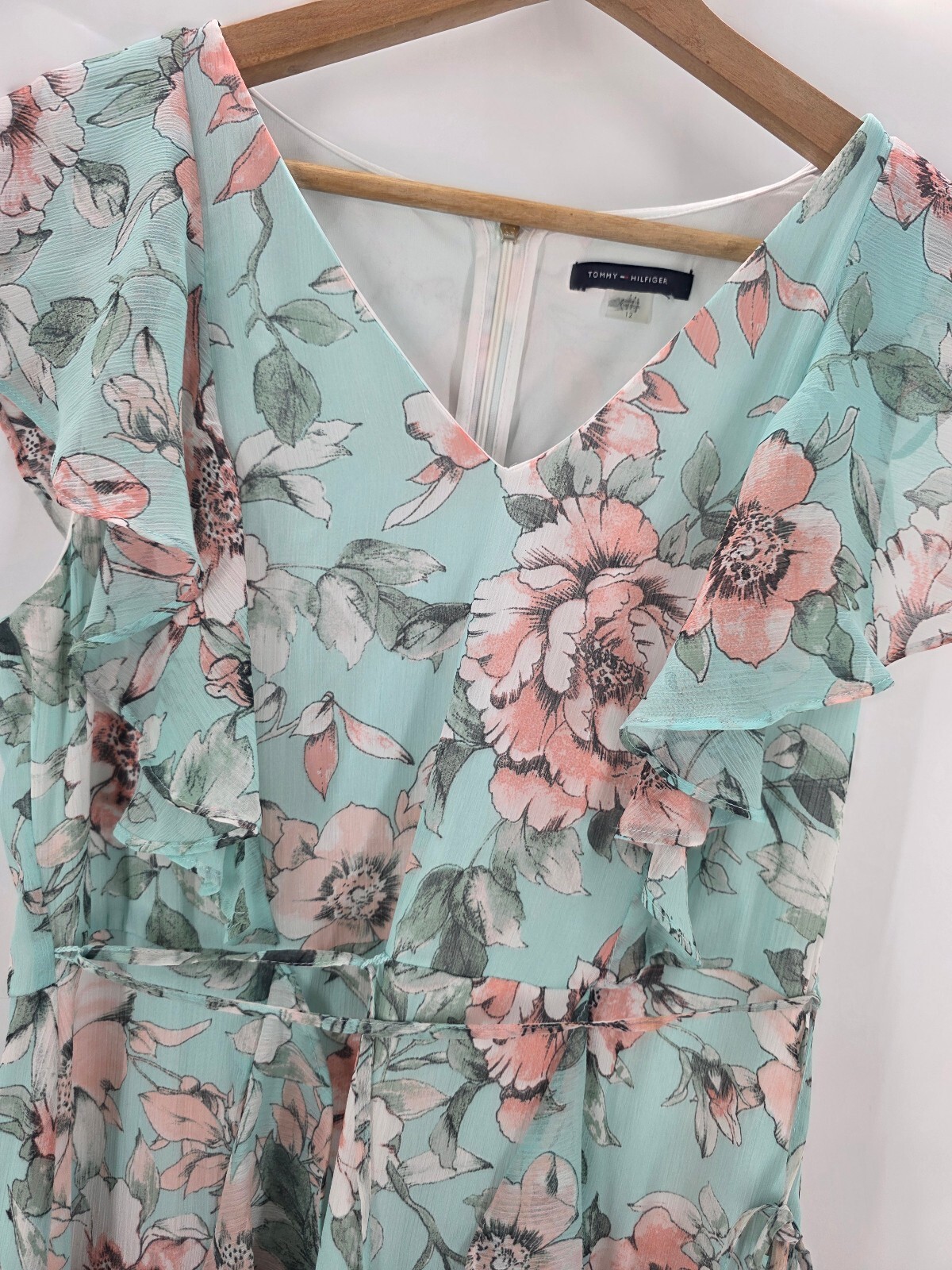 Tommy Hilfiger Floral Print Ruffle Dress with Tie Waist