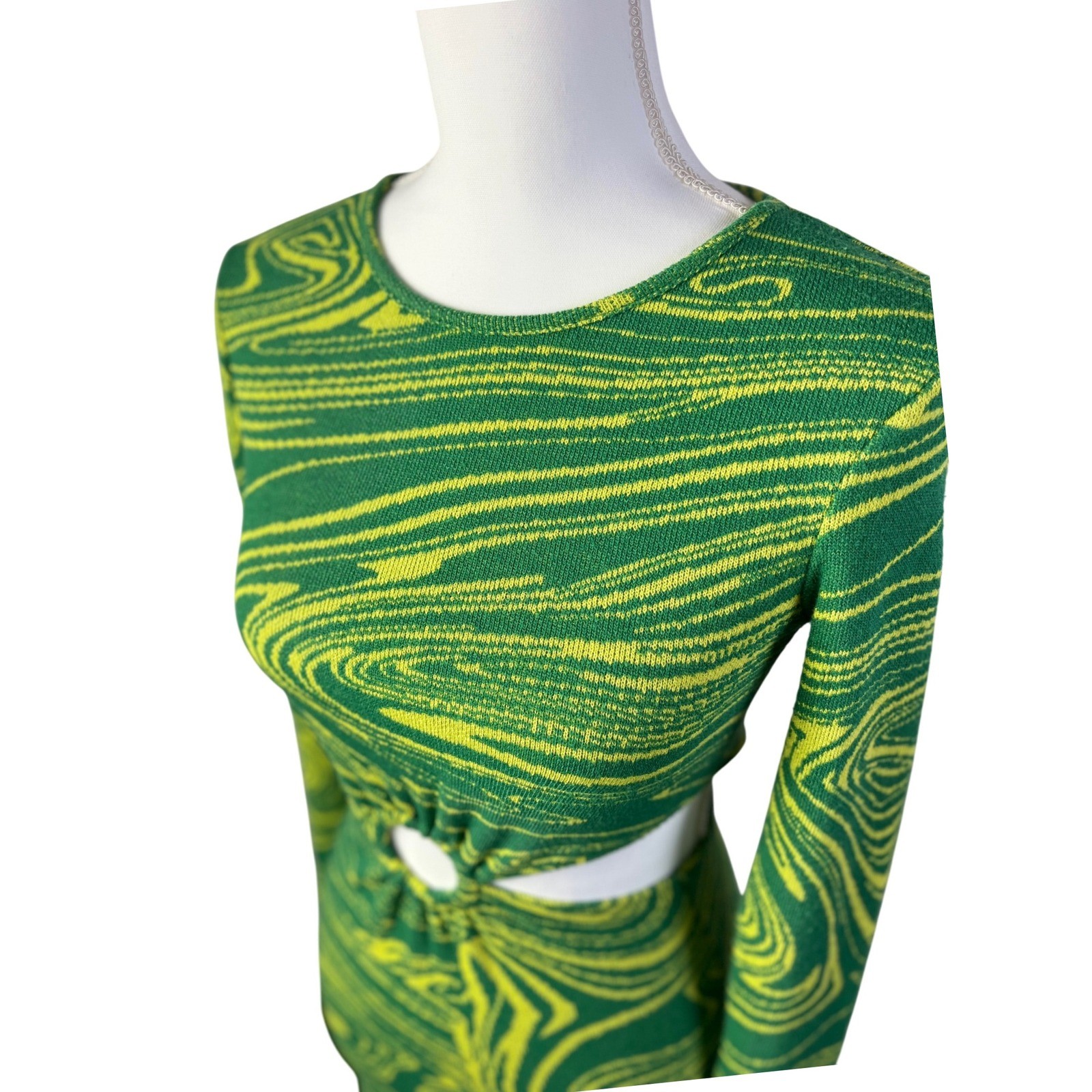 Zara Knit Mini Dress Green Yellow Swirl Pattern Long Sleeve Cut Out Bodycon S