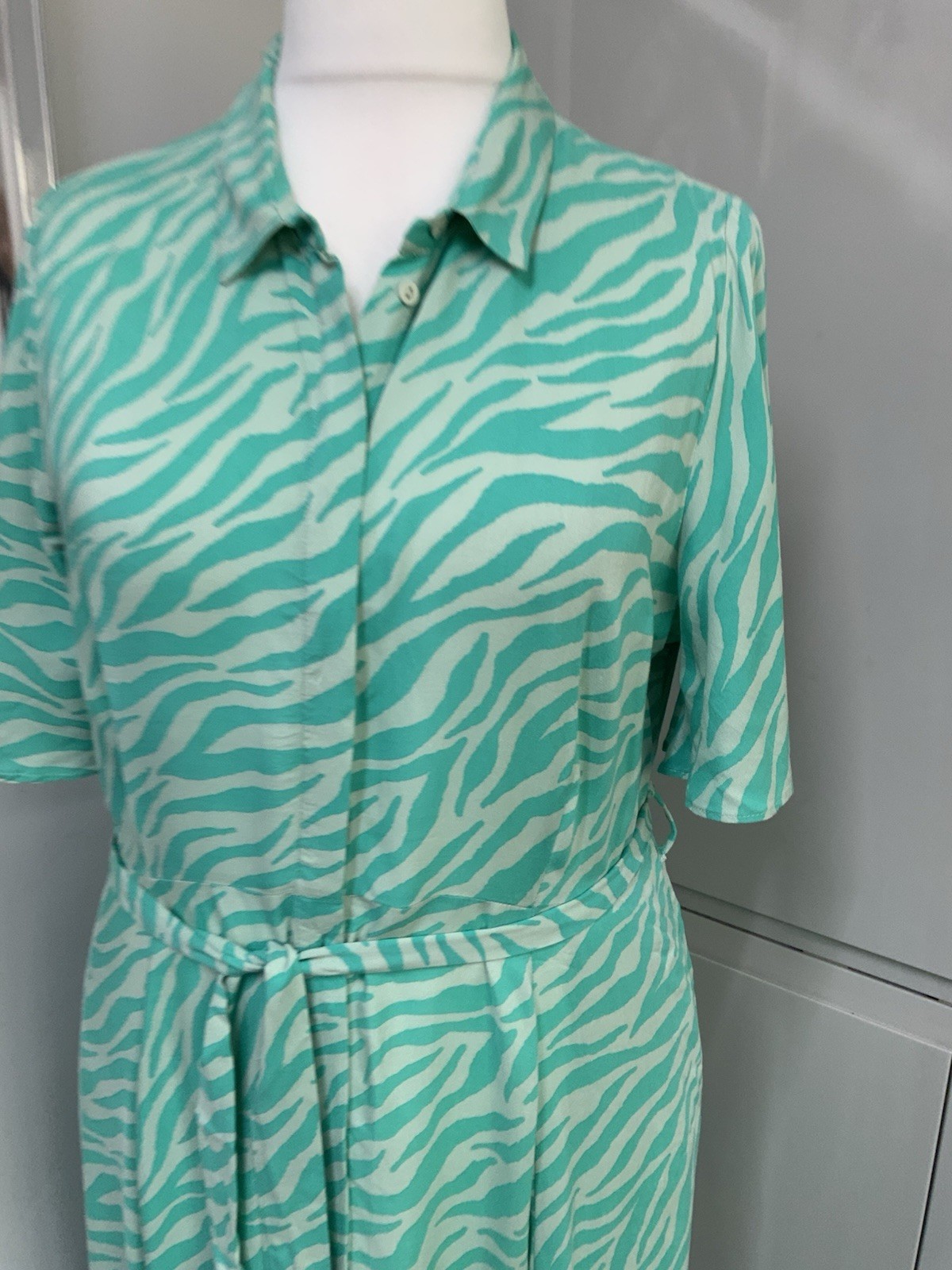Next Midi Dress Size 16 Green Button Front Tie Belt