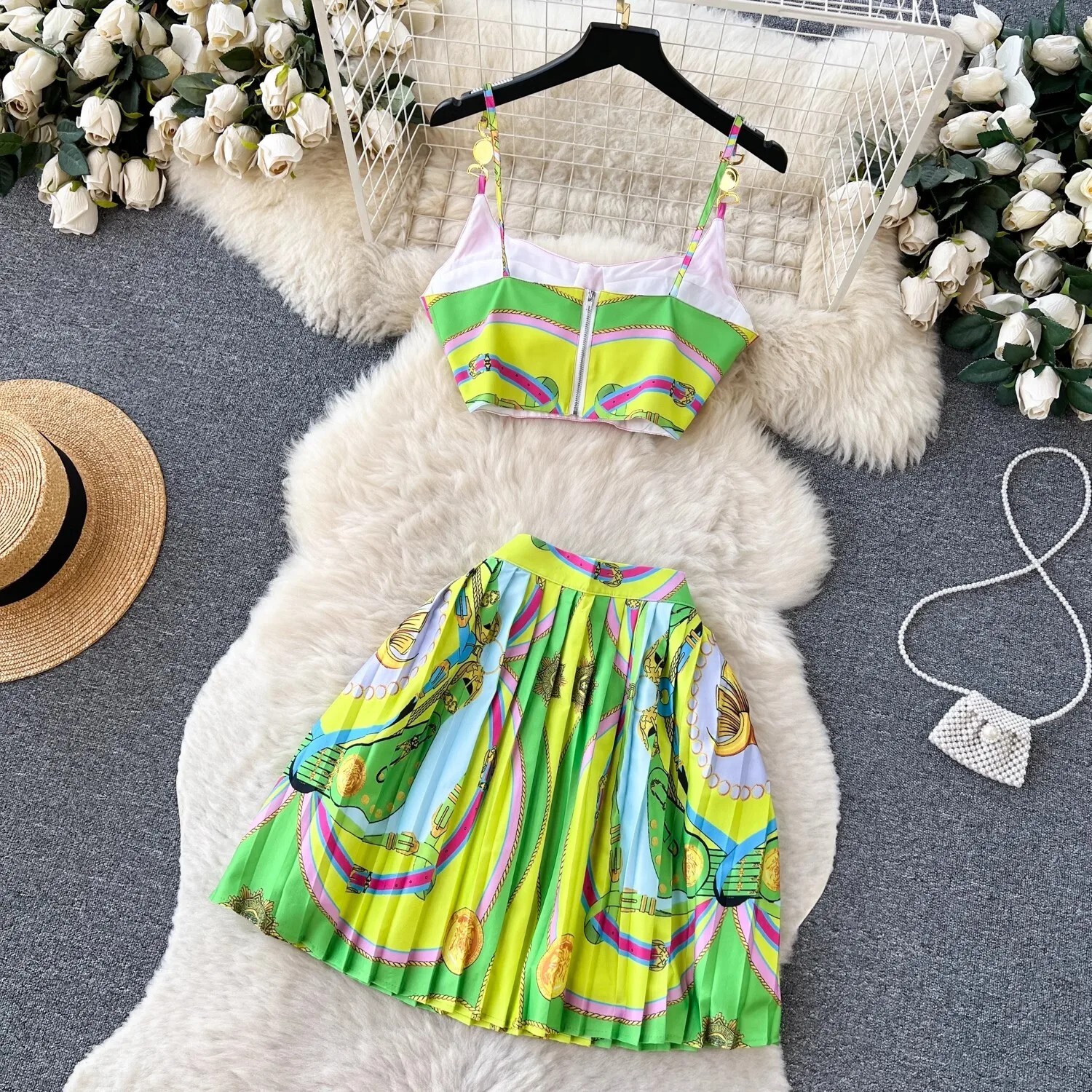 Summer Holiday Baroque Two Piece Set Women Short Spaghetti Strap Simple Metal