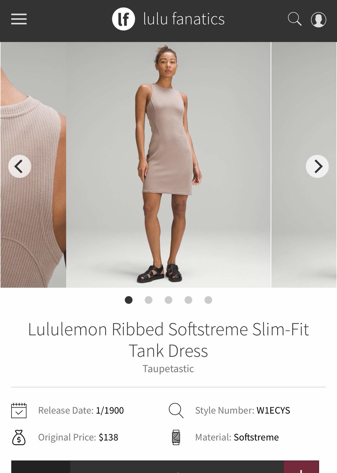 NWT Lululemon Ribbed Softstreme Slim-Fit Tank Dress Taupetastic TPTC Size 6