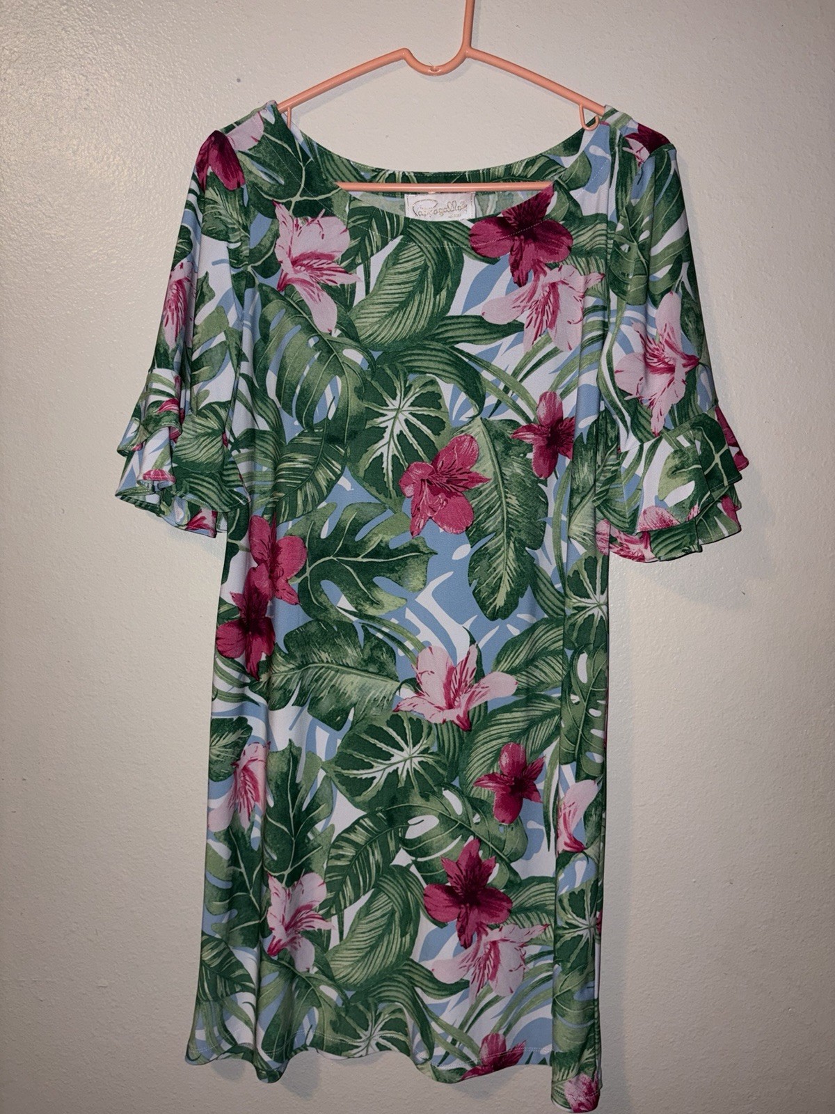 Pappagallo Green Pink Floral Tropical Scoop Neck Flutter Sleeve Shift Dress M