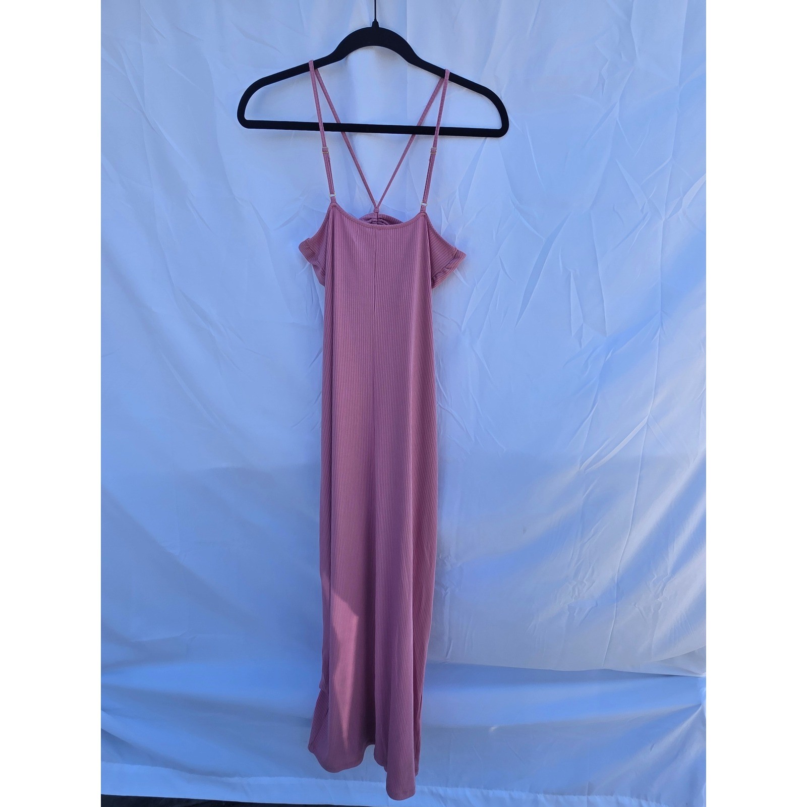 L*Space Women Pink Ribbed Ruched Keyhole Midi Dress Medium Lyocell Blend Strappy