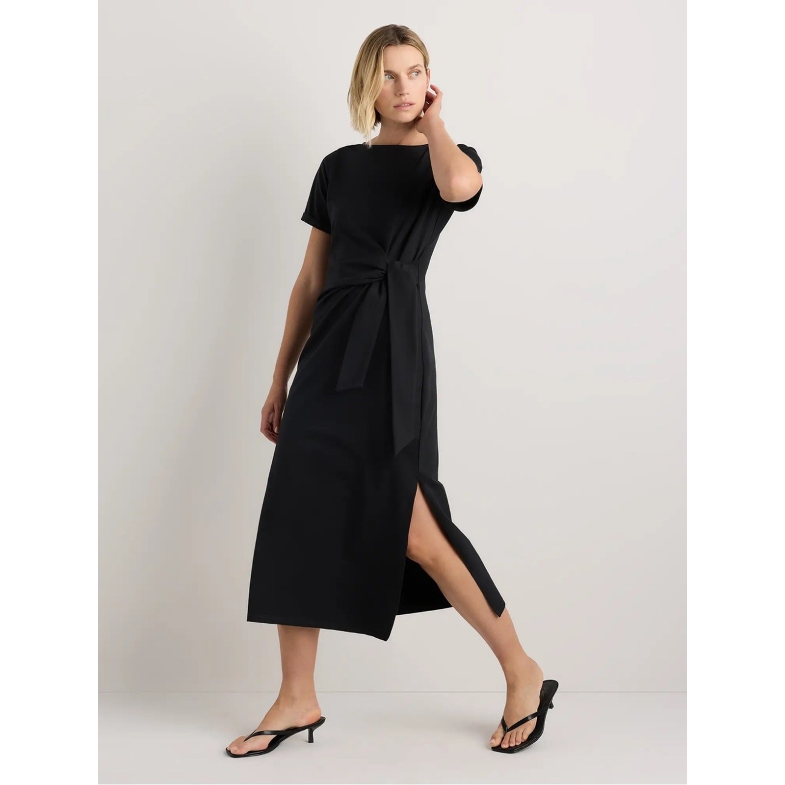 NEW Quince Stretch Cotton Jersey Side Tie Midi Dress True Black Large Organic
