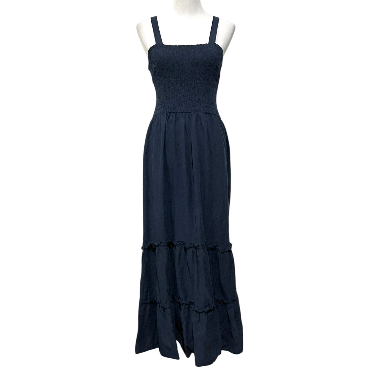 Falls Creek Linen Blend Dress Navy Blue Tiered Smocked Midi Womens Sz Large