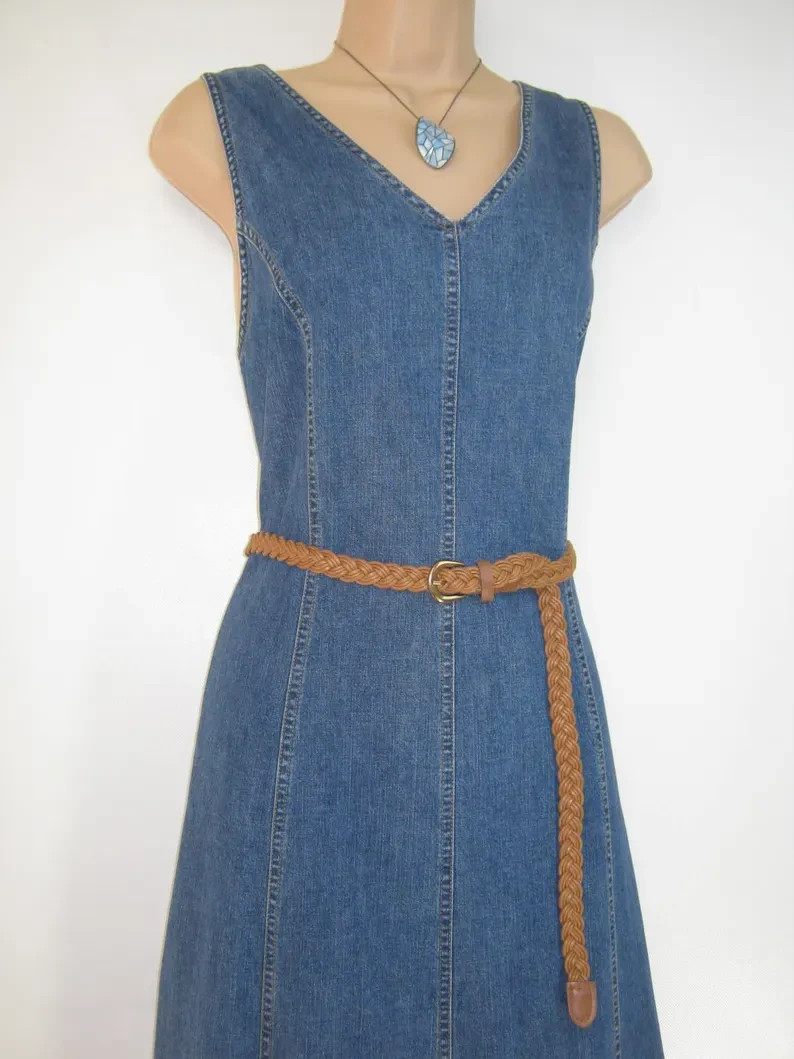 LAURA ASHLEY Vintage Country Denim Summer Maxi Dress, UK12 – incl Belt