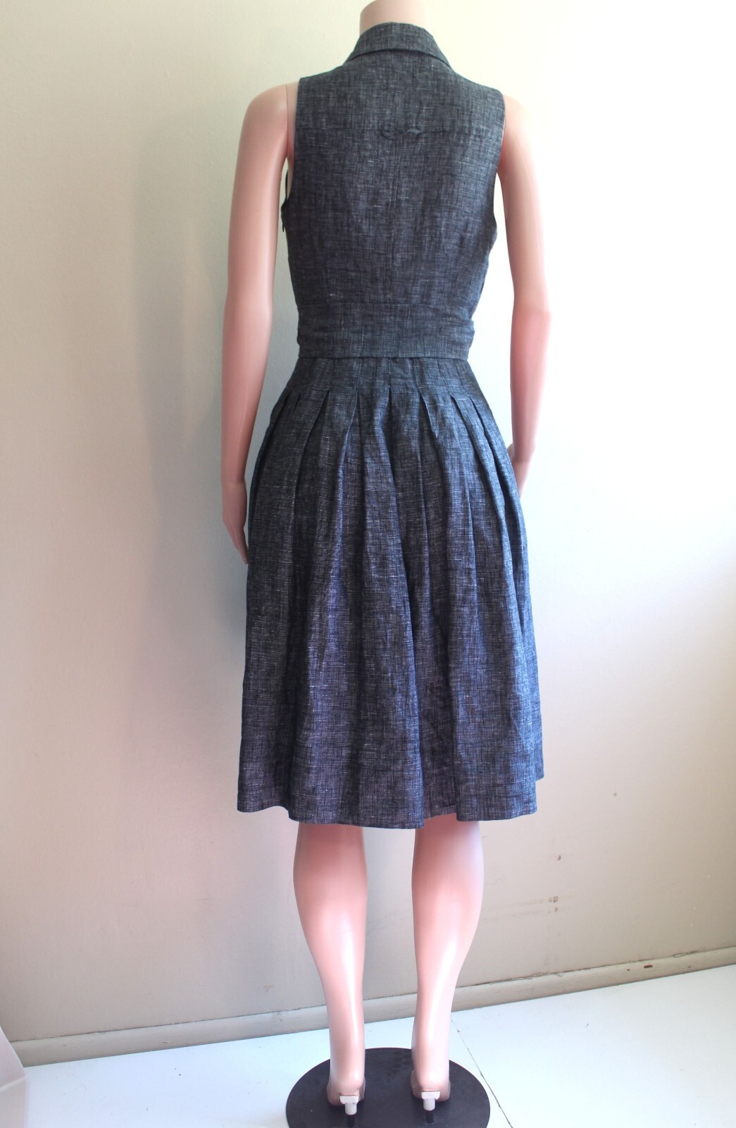 Carole Little 6 S Fit Flare Dress Gray Linen Retro 50s Sleeveless Tie Waist