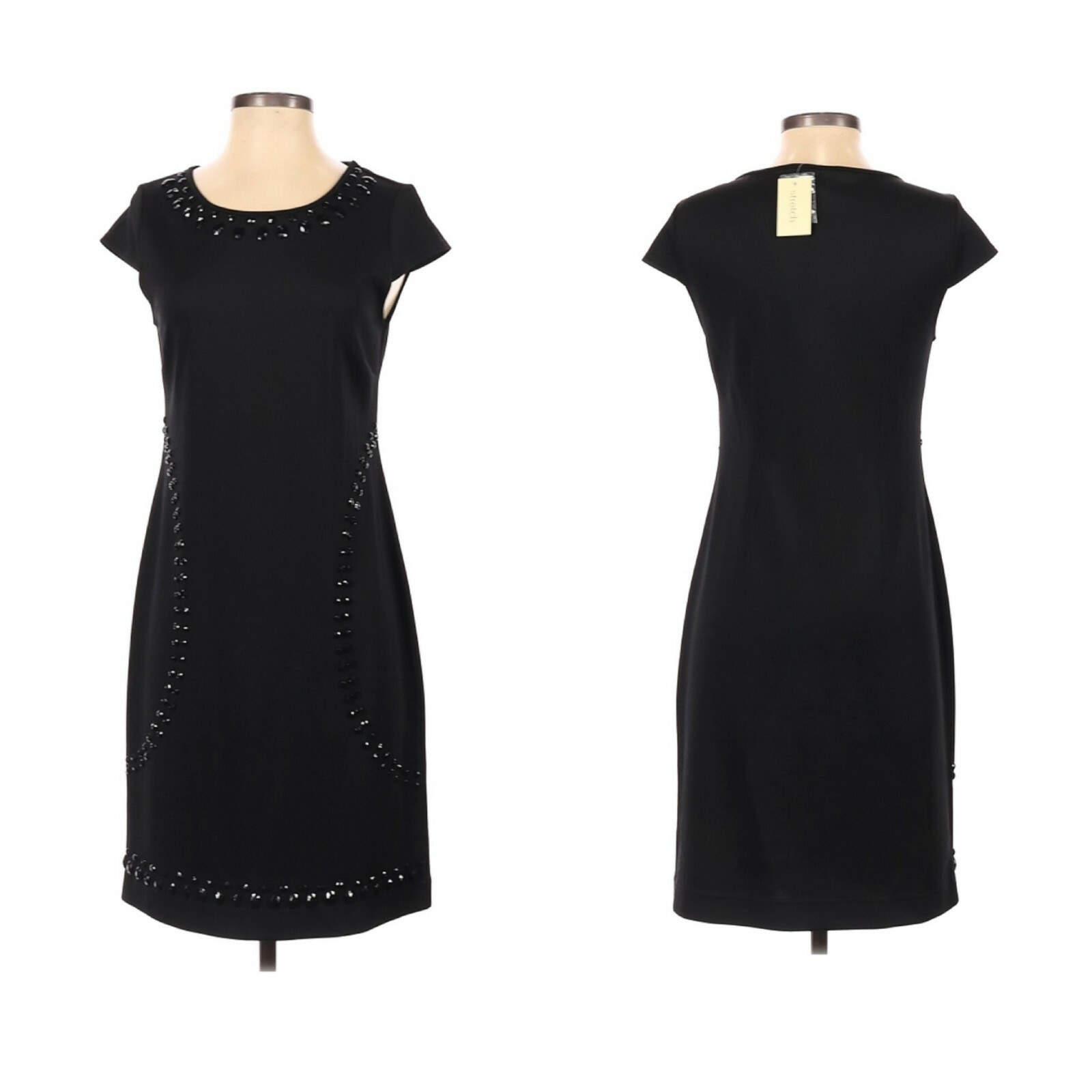 BEIGE Sheath Dress Sz 4 Black Beaded Cap Sleeve Pullover