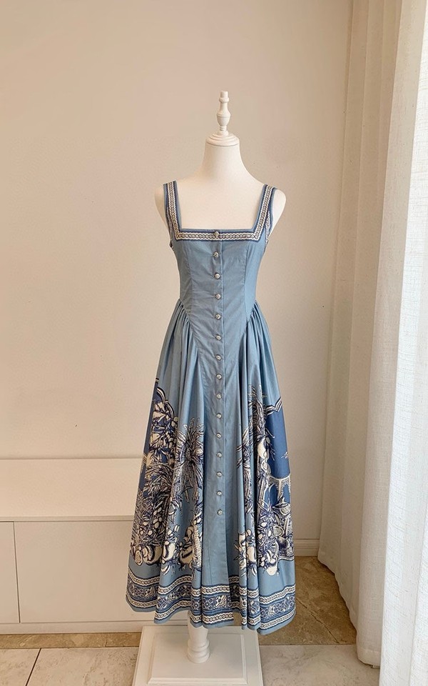 New Women’s Alemais blue pure cotton printed suspender backless sleeveless dress