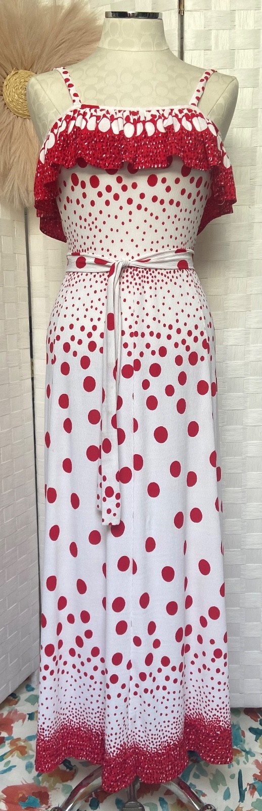 VTG 1950’s 1960’s ‘Sea Queen’ Red White Polka Dot Maxi Ruffle Dress Size S FX5