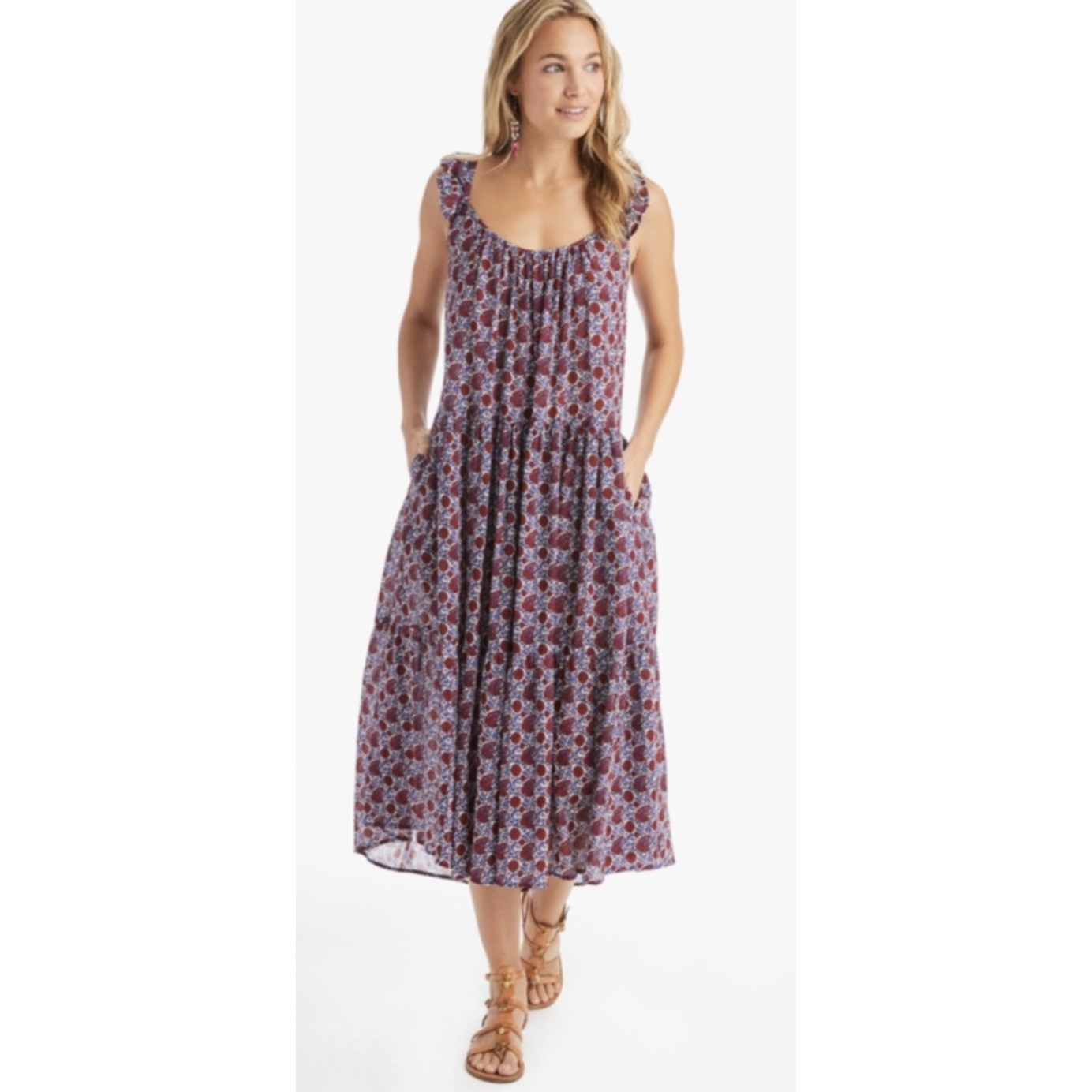 Xirena Rumer Tiered Midi Dress Nichols Floral Purple Red Ruffle Adj Strap Sz M