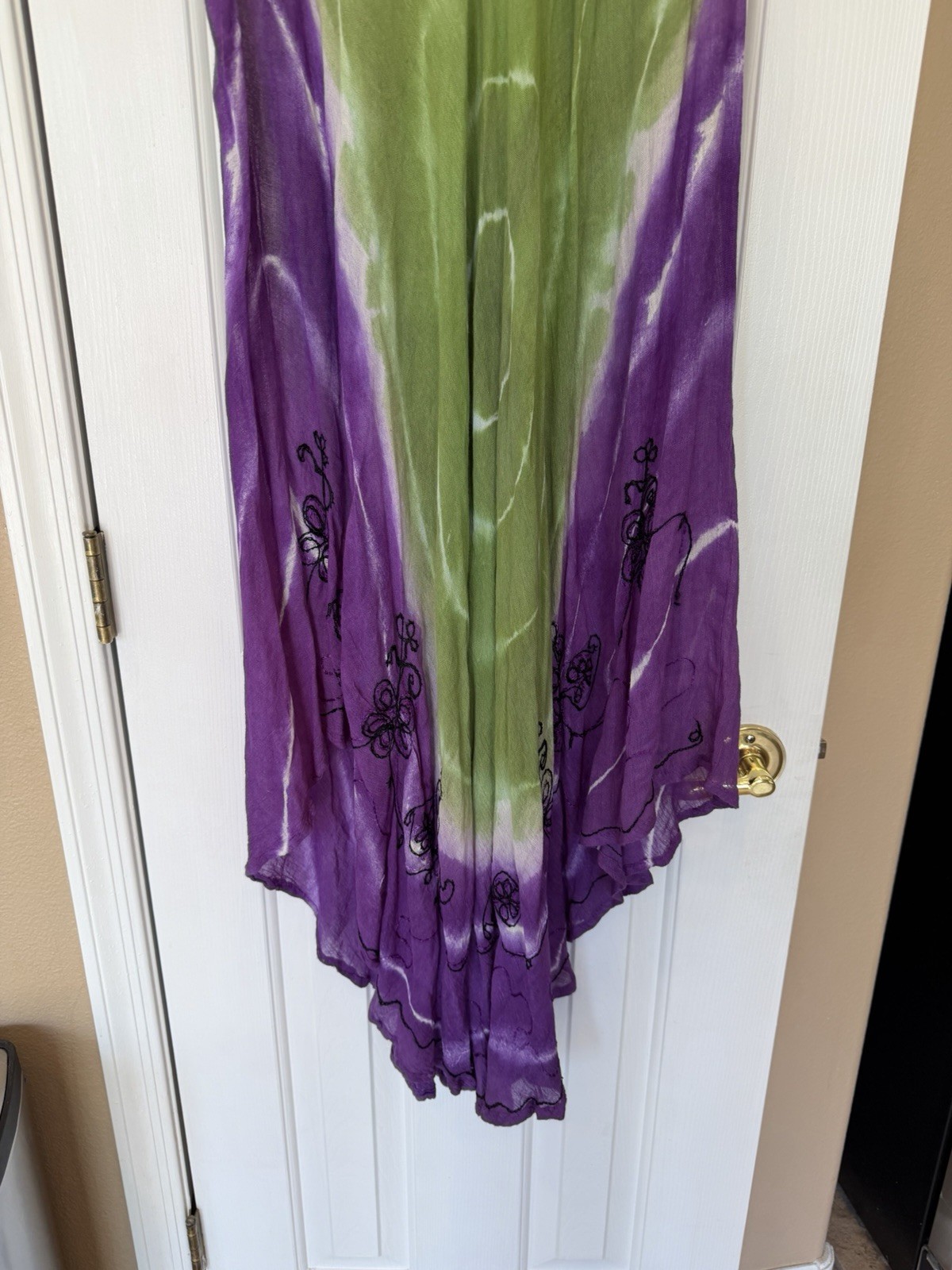 Tie Dye Sun Dress Loose Asymmetrical Hem Embroidered One Size Boho Midi Hippie