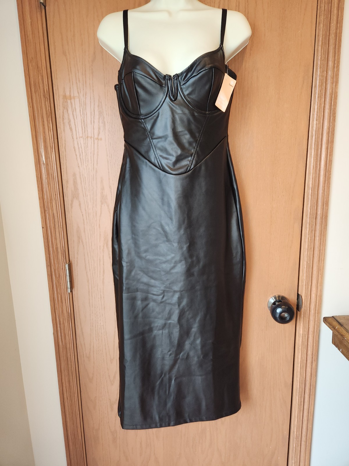 Popilush Shapewear Faux Leather Hourglass Corset Midi Dress M Black Bodycon NWT