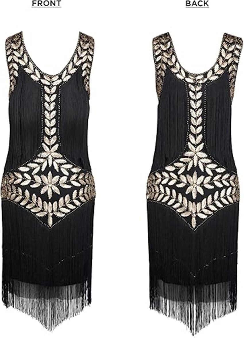 X-Q2-5 Deluxe Ladies 1920s Roaring 20s Flapper Gatsby Costume Sequins Black/Gold