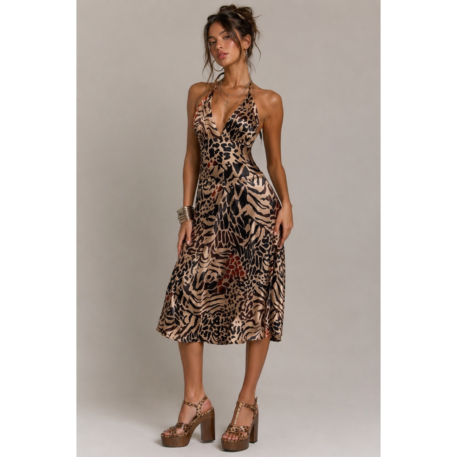 Charlotte Russe Animal Print Satin Babydoll Halter Dress M Brown Y2K Indie Glam