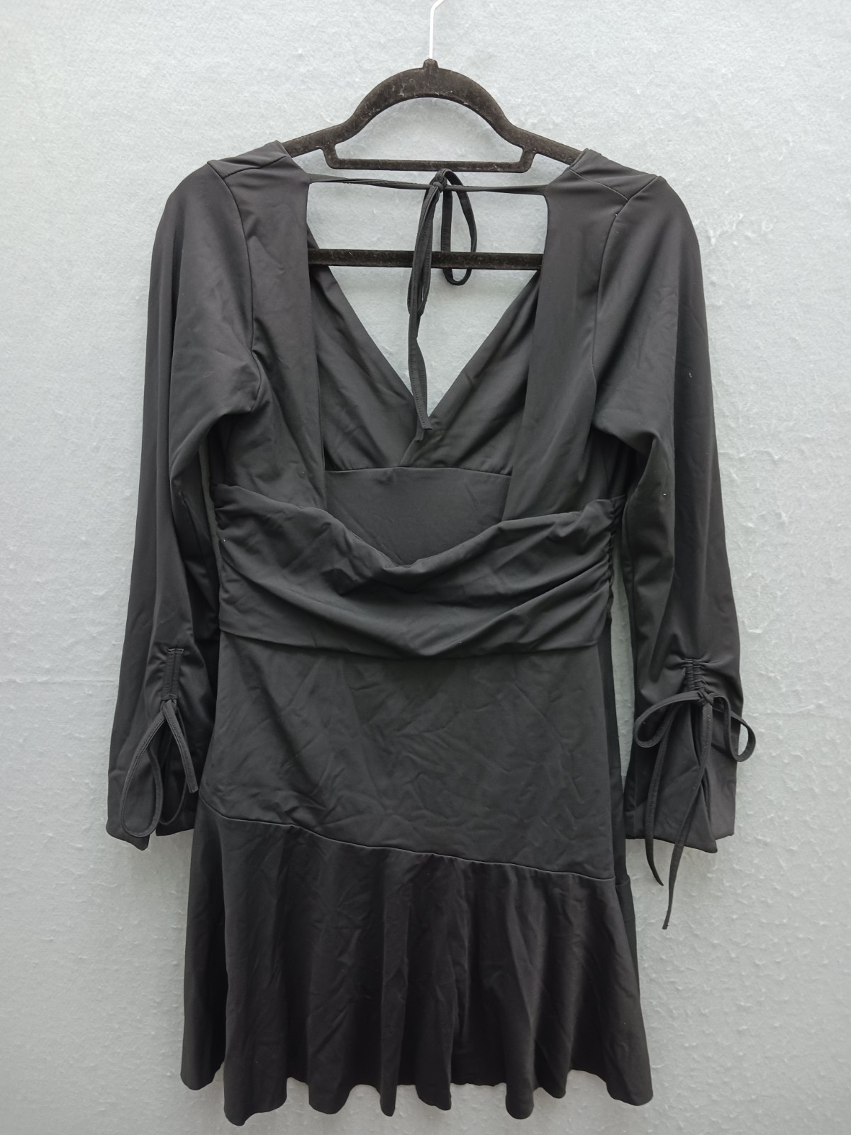 Women Dress Black Long Sleeve V-Neck Wrap Style Ruched Waist Tie Cuffs Mini