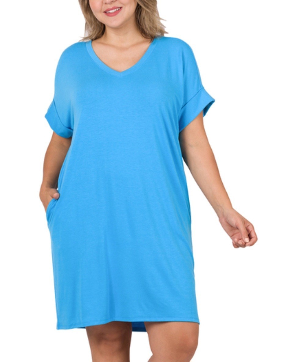 Zenana Plus Size T‑Shirt Dress with Pockets – Charcoal, Deep Sky, Lavender, Teal