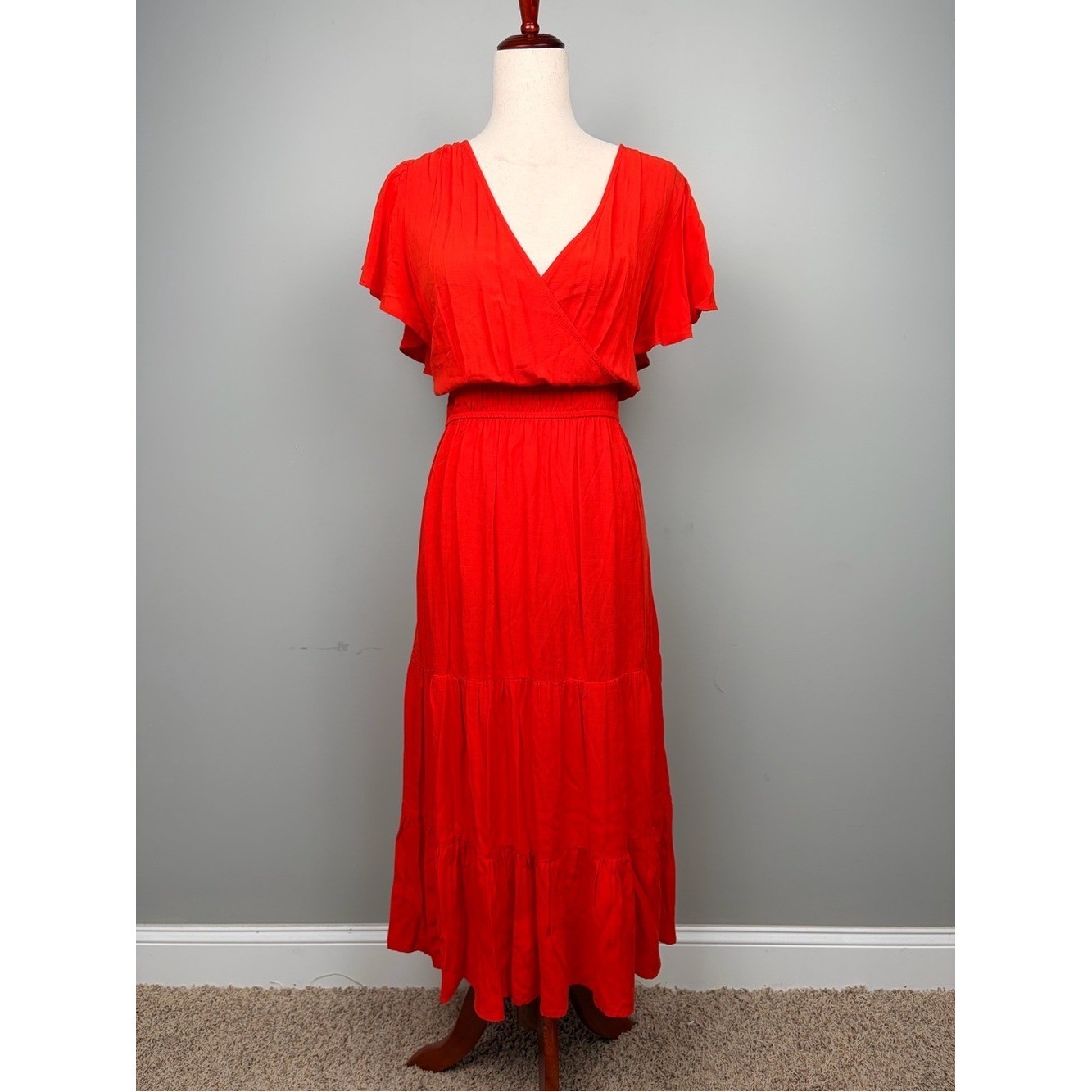 Knox Rose XL Orange Red Tiered Midi Dress Flutter Sleeve Faux Wrap Boho NWT