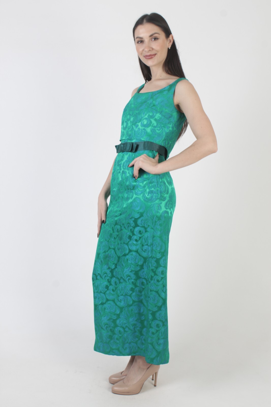 Vtg Green 50s Dress Illusion Mid Century MCM Long Tea Length Retro Swirl Gown