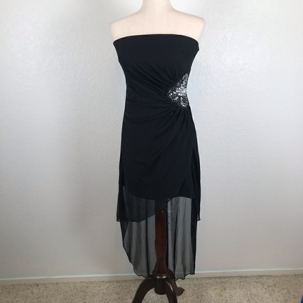 Teaze Me Y2K retro black strapless pull on high/low party prom mini dress 6*